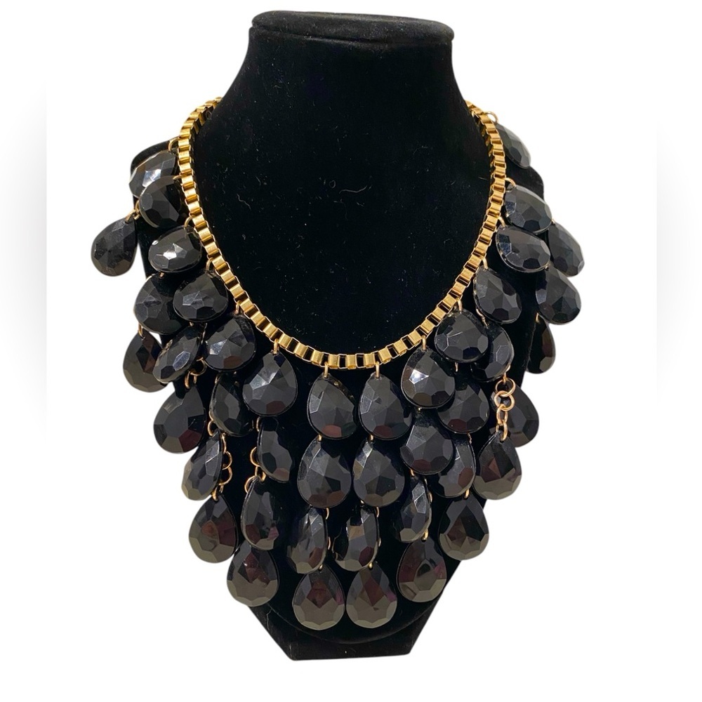 Vintage Y2K Black Beaded Layered Multi Strand Teardrop Statement Necklace